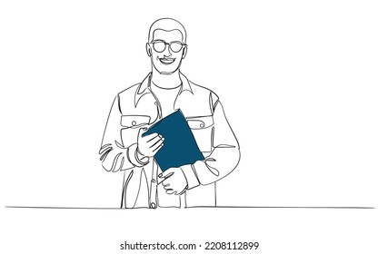 male young happy and smiling professor. teacher educator instructor coach holding a book. teaching . world teachers day. man with goggles line art vector graphic. young adult decent man professional