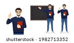Male young teacher in casual clothes at blackboard with copy space showing something and pointing up isolated vector illustration