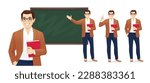 Male young teacher in casual clothes at blackboard with copy space showing something isolated vector illustration