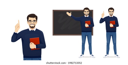 Male young teacher in casual clothes at blackboard with copy space showing something and pointing up isolated vector illustration