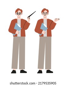 Male young teacher in casual clothes at blackboard with copy space showing something using pointer stick isolated vector illustration
