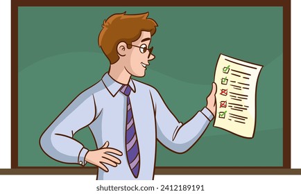 Male young teacher in casual clothes at blackboard with showing something