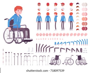 Male young wheelchair user character creation set. Full length, different views, emotions and gestures. Build your own design. Cartoon flat-style infographic illustration. Society and disabled people