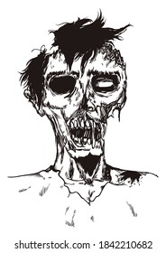 Male zombie portrait with rotten and bitten face in hand drawn style, over white background.