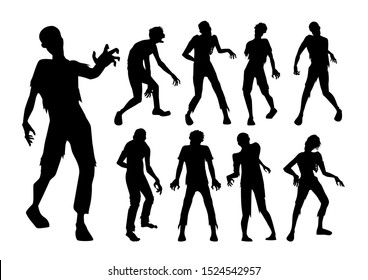 Male Zombie standing and walking actions in Silhouette style collection. Full lenght of people resurrected from the dead.