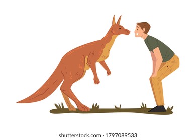 Male Zoo Worker and Kangaroo Looking at Each Other, Veterinarian or Professional Zookeeper Character Caring of Wild Animals in Zoo Cartoon Vector Illustration