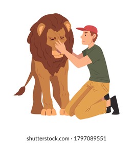 Male Zoo Worker Stroking Lion, Veterinarian or Professional Zookeeper Character Caring of Wild Animals in Zoo Cartoon Vector Illustration