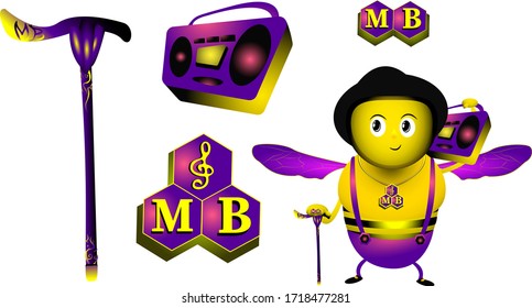 Male-Bee game asset. Funny M-Bee in hat with cane and boombox