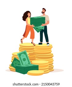 Male,Female Characters Stand on Huge Pile of Gold Coins and Money Cash.Apply for Loan,Rich,Finace Development,Wealth Concept.Investment Growth,Budget Savings,Deposit.Cartoon People Vector Illustration