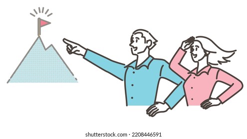 Male-female couple aiming for a goal of the mountain. Concept of life planning and dreams [Vector illustration].