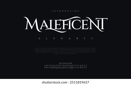 Maleficent typography beauty fashion elegant minimalist serif italic fonts decorative wedding vintage retro logos. Minimal luxury font alphabet logo. Vector illustration