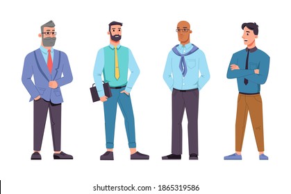 Males businessman of different ages, bearded and bald middle age boss in glasses, young worker and manager isolated flat cartoon characters set. Cooperation and agreement, teamwork entrepreneurs