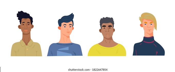 Males collection portraits with different emotions. Real people portraits set. Hand draw flat vector illustration in trendy style for print and designer tamplates. Vector icons and avatars