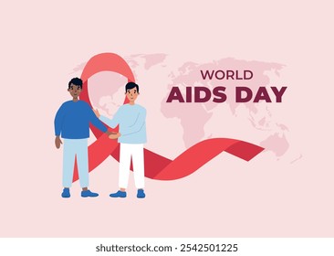 Males of different nationalities supporting each other. Gay couple holding hands. World AIDS day banner. Vector illustration in flat style.