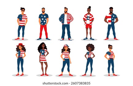 Males and females with american outfit vector illustration set