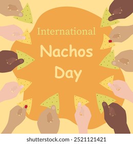 Machos e fêmeas dão mãos de diferentes nacionalidades para manter nachos. Ideia do folheto do Dia Internacional dos Nachos