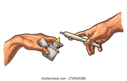 Males hands holding metal handle lighter open with flame and cigarette with marijuana. Section fresco The Creation of Adam. Vector color vintage engraving illustration isolated on a white