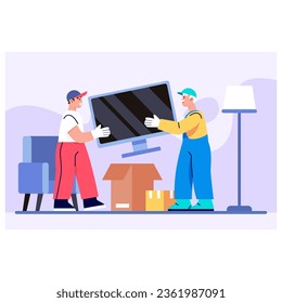 Males holding big TV and carry to box. Transportation of valuable fragile items. Concept of delivery things to destination. Vector illustration in purple and blue colors