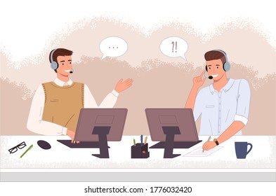 Males operators call center or hotline. Men in headphones sit at a computer and help customers online. Hotline support service. Customer helpdesk assistances. Customer service banners with support