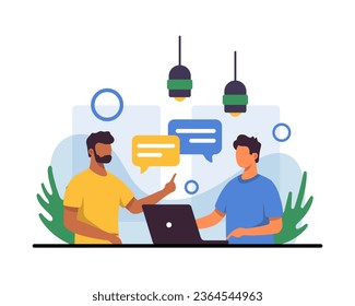 Hombres cerca de la mesa, trabajando en el cargo. El concepto de centro de negocios. Comunicación moderna en línea y en vivo. Ilustración colorida de vector plano en estilo de caricatura