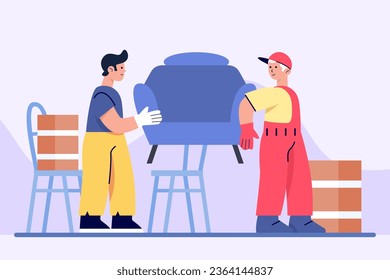 Los hombres con uniforme llevan un gran sillón. Trabajador ayudando al cliente a mudarse a un nuevo lugar. Trabajar como cargador. Conmovedor concepto. Ilustración vectorial plana en colores azules en estilo de dibujos animados