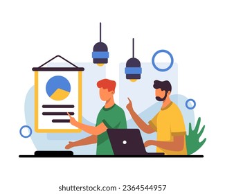 Males working in business center, discuss work tasks. Business center concept. Modern online and live communication. Colorful flat vector illustration in cartoon style