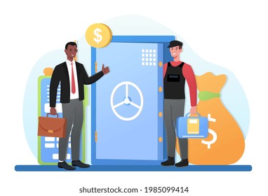 Malesmiling encashment or collector collecting and transporting money from safe in bulletproof vest. Male character in suit is controlling money encashment. Flat cartoon vector illustration