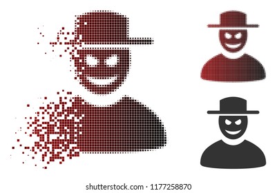Malevolent gentleman icon in fractured, dotted halftone and undamaged whole variants. Elements are composed into vector disappearing malevolent gentleman icon.