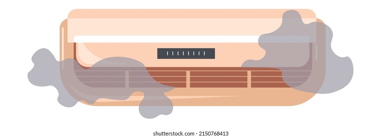 Fehlfunktionierende Klimaanlage mit Rauch, gefährliche kaputte Ausrüstung für Lüftung und Heimkochsystem. Beschädigtes Elektrogerät für Raum, Sicherheit und Vorsichtsmaßnahmen. Vektorgrafik im Flachstil
