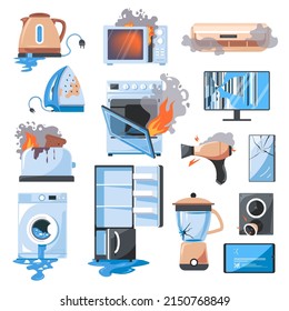 Fallo de funcionamiento y deterioro de la cocina y de los electrodomésticos, quema y humo de la electrónica. Hornos y nevera, mezclador y altavoces, plancha y hervidor con agua. Vector de estilo plano