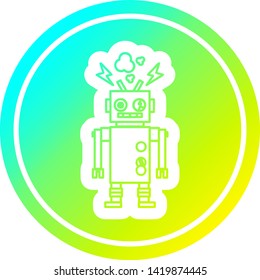 icono circular del robot con mal funcionamiento y acabado de gradiente fresco