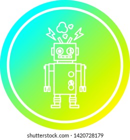 icono circular del robot con mal funcionamiento y acabado de gradiente fresco