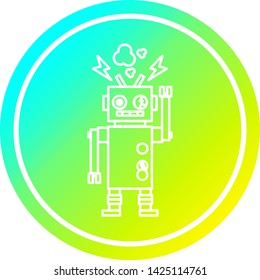icono circular del robot con mal funcionamiento y acabado de gradiente fresco