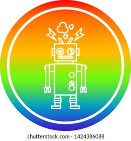 icono circular del robot con mal funcionamiento y acabado en gradiente arco iris