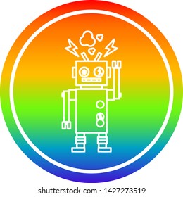 icono circular del robot con mal funcionamiento y acabado en gradiente arco iris