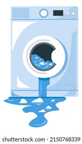 Malfunctioning washing machine, isolated home appliances with problems. Leaking equipment making puddle on floor. Leakage and damage and broken devices for using. Vector in flat style illustration