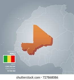 Mali 3d map with information of area and population of the country.