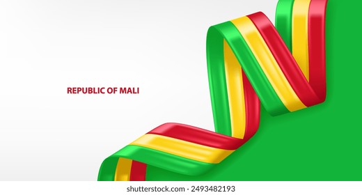 Mali 3D ribbon flag. Bent waving 3D flag in colors of the Mali national flag. National flag background design.