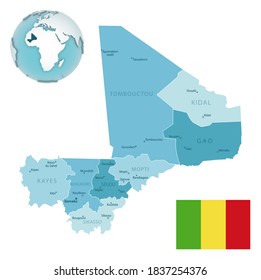 Mapa administrativo azul-verde de Mali con bandera del país y ubicación en un globo. Ilustración del vector