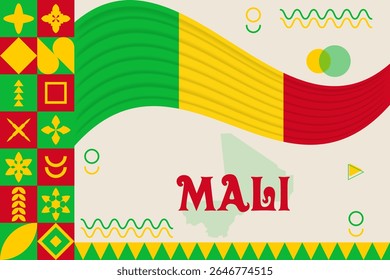 Mali banner with cultural design. Independence day design for Mali celebration. Modern neo geometric retro design with flag, map and abstract icons. Yellow and Green. Vector Illustration