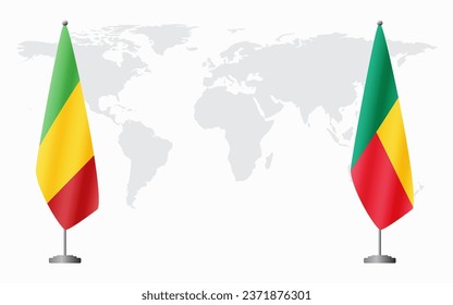 Mali and Benin flags for official meeting against background of world map.