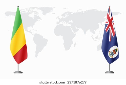 Mali and Cayman Islands flags for official meeting against background of world map.