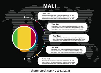 Mali circle infographic with information text spaces, black background with world map, Mali circle country flag, presentation graphic idea, info and data template for countries
