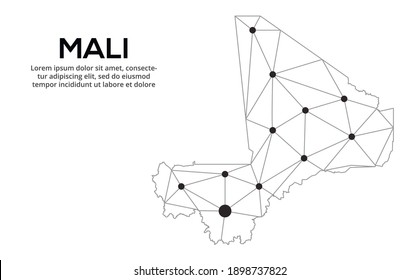 Mali communication network map. Vector low poly image of a global map with lights in the form of cities. Map in the form of a constellation, mute and stars.
