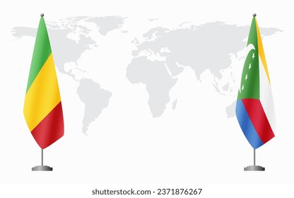 Mali and Comoros flags for official meeting against background of world map.