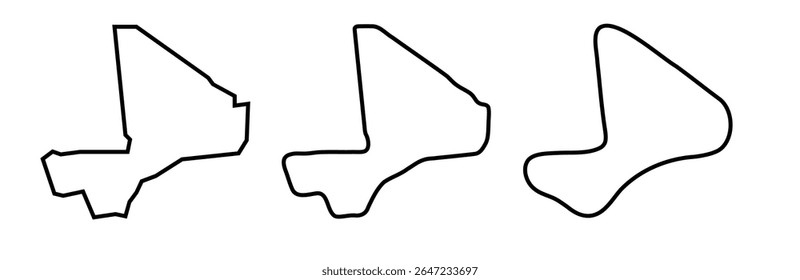 Mali país preto silhuetas contorno em três diferentes níveis de suavidade. Mapas simplificados. Ícones de vetor isolados no plano de fundo branco.