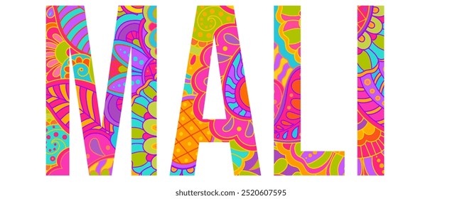 Mali country creative text design filled with colorful doodle pattern	