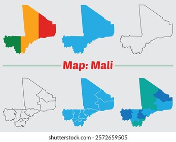 Mali country map set. internal provinces borders marked, Simple map of Mali vector drawing, Filled and outline.