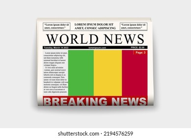 Mali country newspaper with flag, breaking news on newsletter, Mali news concept, gazette page with headline, journal with country flag, reading newspaper, streamer headline