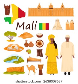 Mali cultural heritage, traditional clothing, landmarks, and local symbols. Vibrant representation of Mali rich history and diversity, vector illustration.